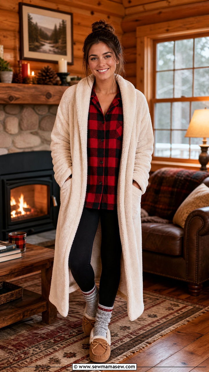 Fleece Robe with Flannel Shirt and Leggings - 30 Fleece robe outfit ideas