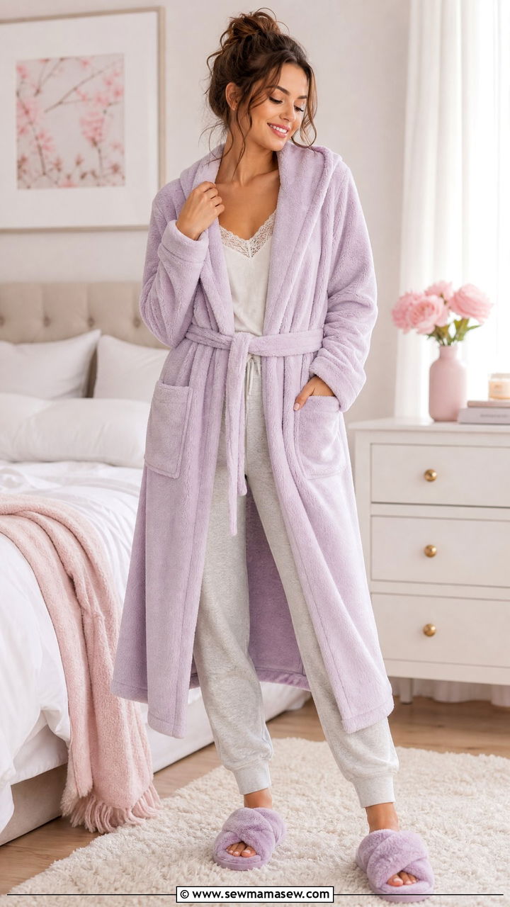Fleece Robe with Lace Trim Cami and Joggers - 30 Fleece robe outfit ideas