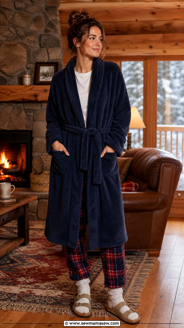 Fleece Robe with Plaid Pajama Pants and Tee - 30 Fleece robe outfit ideas