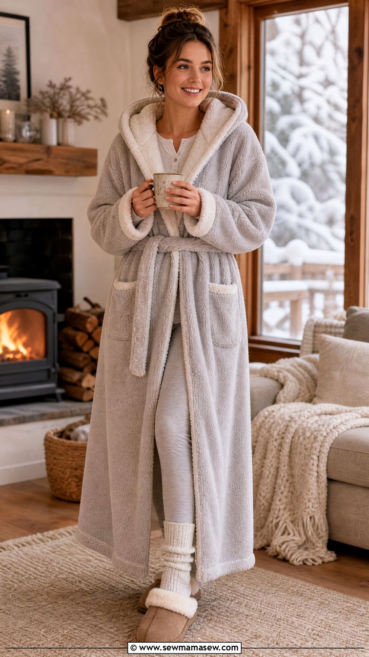 Fleece Robe with Thermal Leggings and Wool Socks - 30 Fleece robe outfit ideas