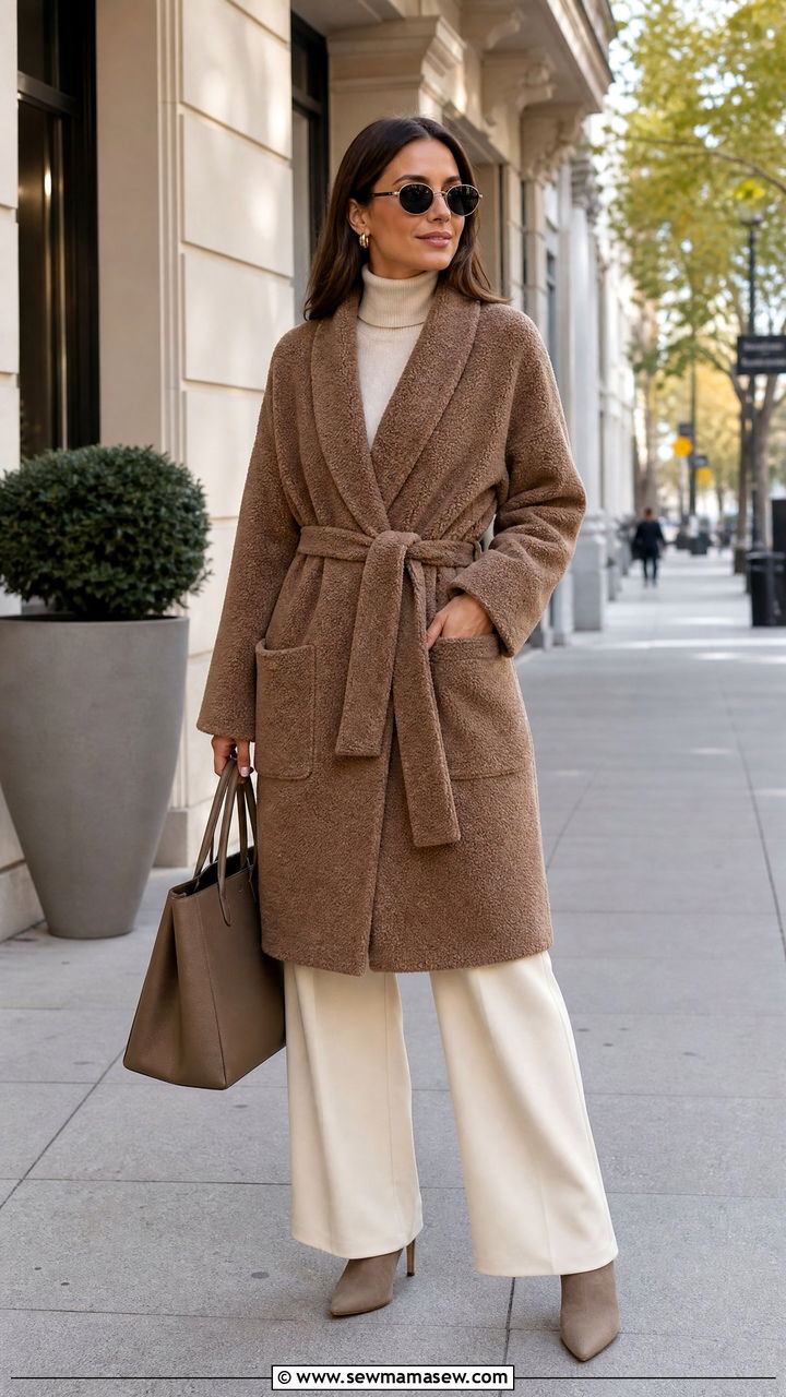 Fleece Robe with Turtleneck and Wide Leg Trousers - 30 Fleece robe outfit ideas