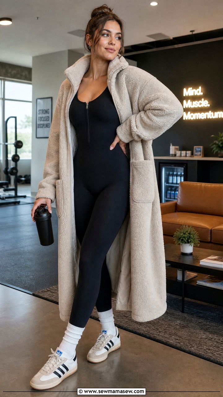 Fleece Robe with Unitard and Sneakers - 30 Fleece robe outfit ideas