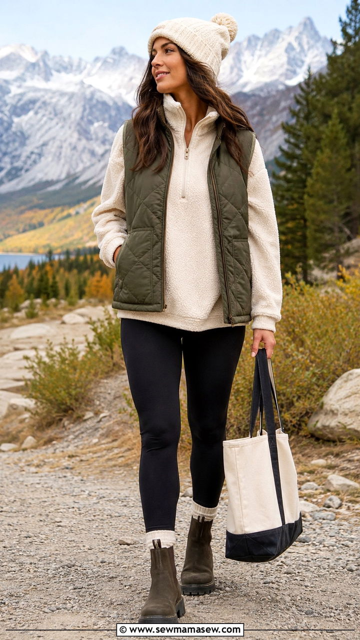 Fleece Sweatshirt with Leggings and a Quilted Vest - 30 Sweatshirt and leggings outfit ideas