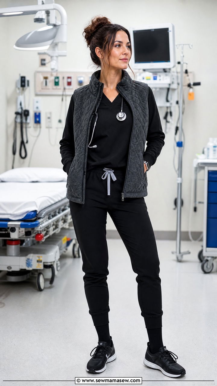 Fleece Vest Layered Over Black Scrub Set - 30 ER nurse outfit ideas