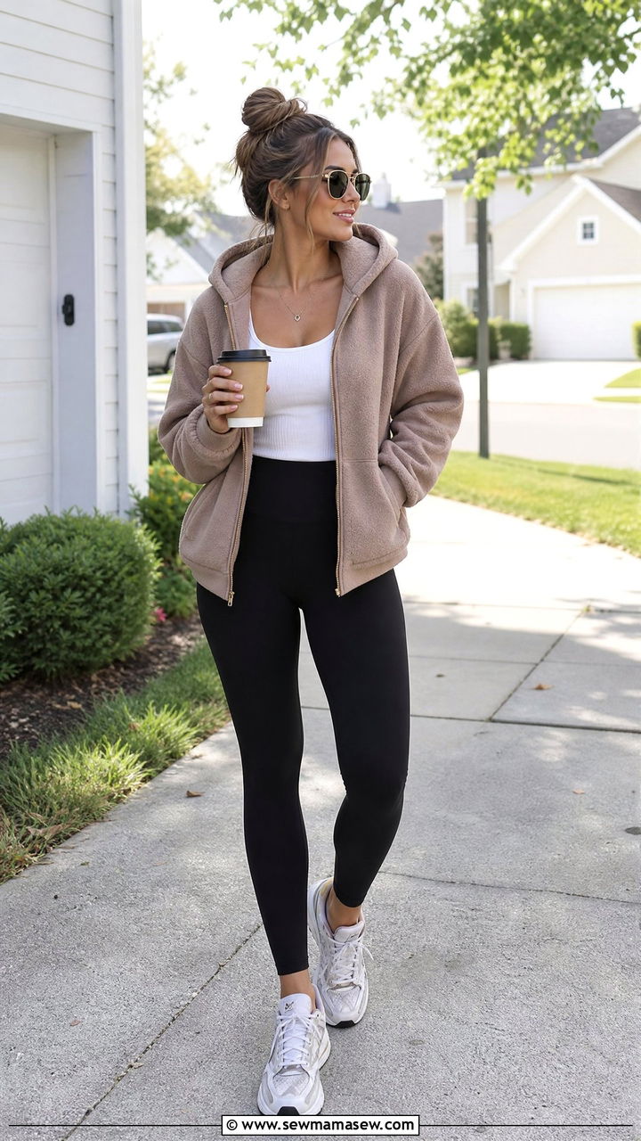 Fleece Zip Up Hoodie with High Waist Leggings - 25 Loungewear outfit ideas for moms