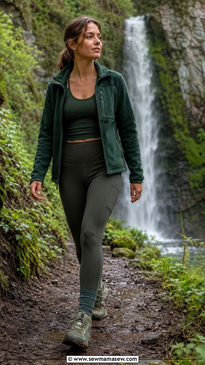 Fleece Zip Up With Hiking Leggings And Waterproof Trail Runners - 30 Rainy day travel outfit ideas