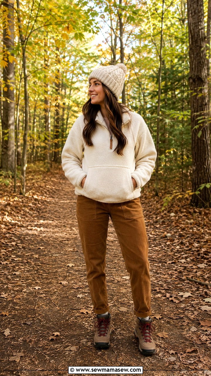 Fleece half zip hoodie with corduroy trousers and hiking boots - 30 Hoodie outfit ideas for women 2026
