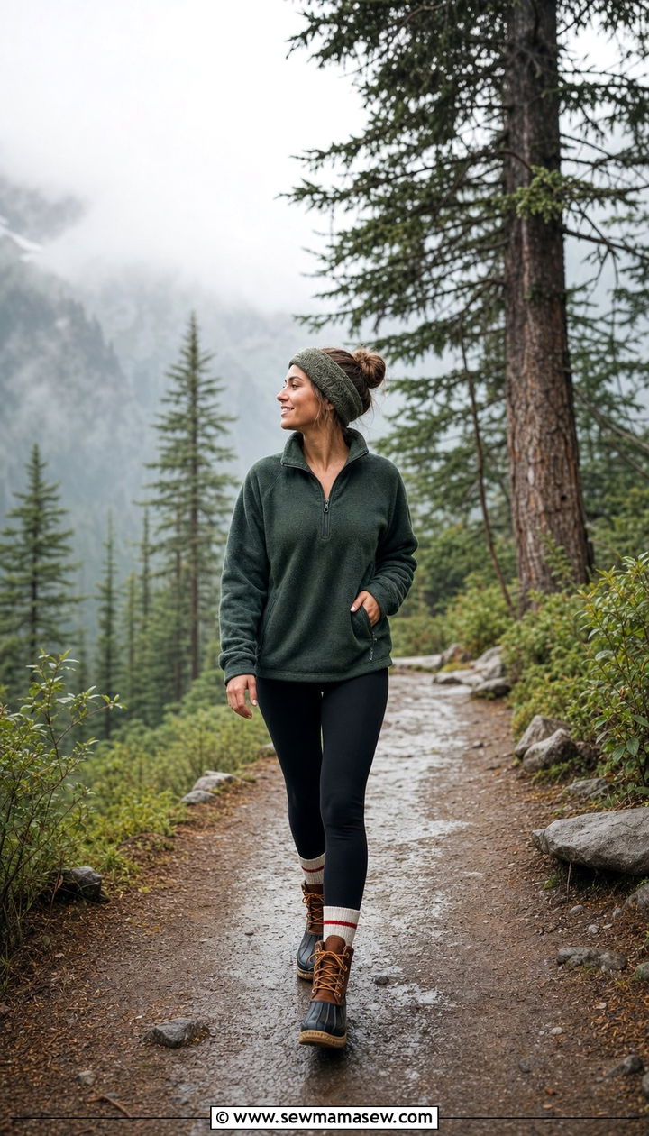 Fleece half zip pullover with leggings and duck boots - 25 Summer cabin outfits