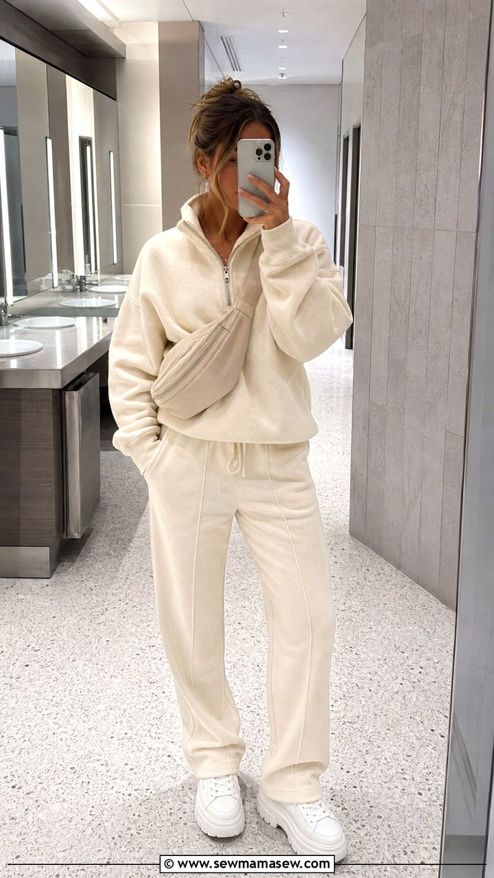 Fleece half zip pullover with straight leg sweatpants and chunky sneakers - 40 travel outfits