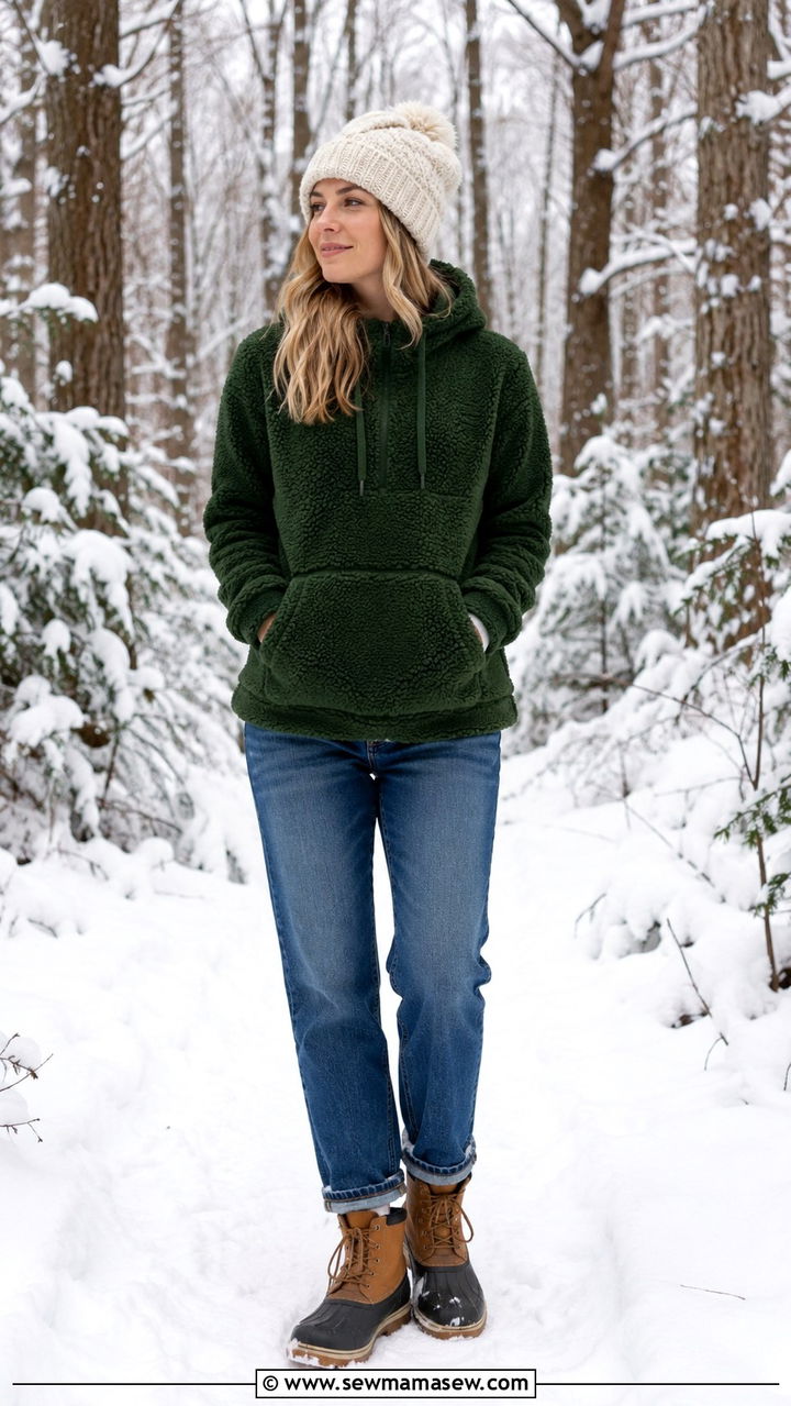 Fleece hoodie with straight leg jeans and duck boots - 30 Hoodie outfit ideas for women 2026