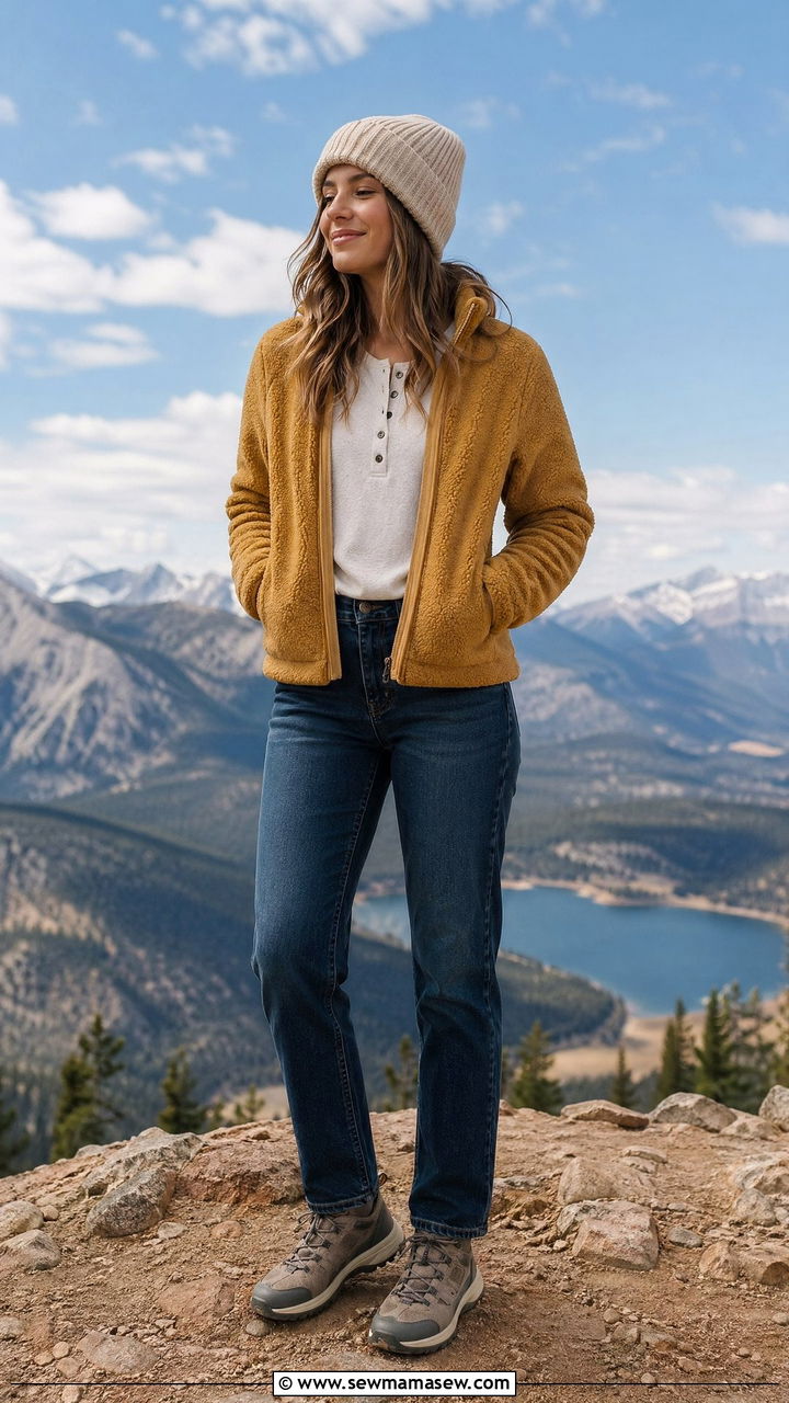 Fleece jacket and jeans for mountain vacation - 35 Family vacation outfit ideas