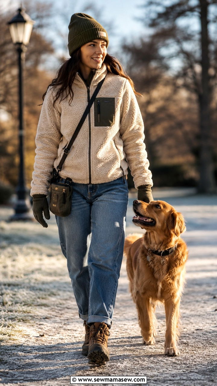 Fleece jacket and relaxed fit jeans cold weather dog trainer outfit - 30 Dog trainer outfit ideas