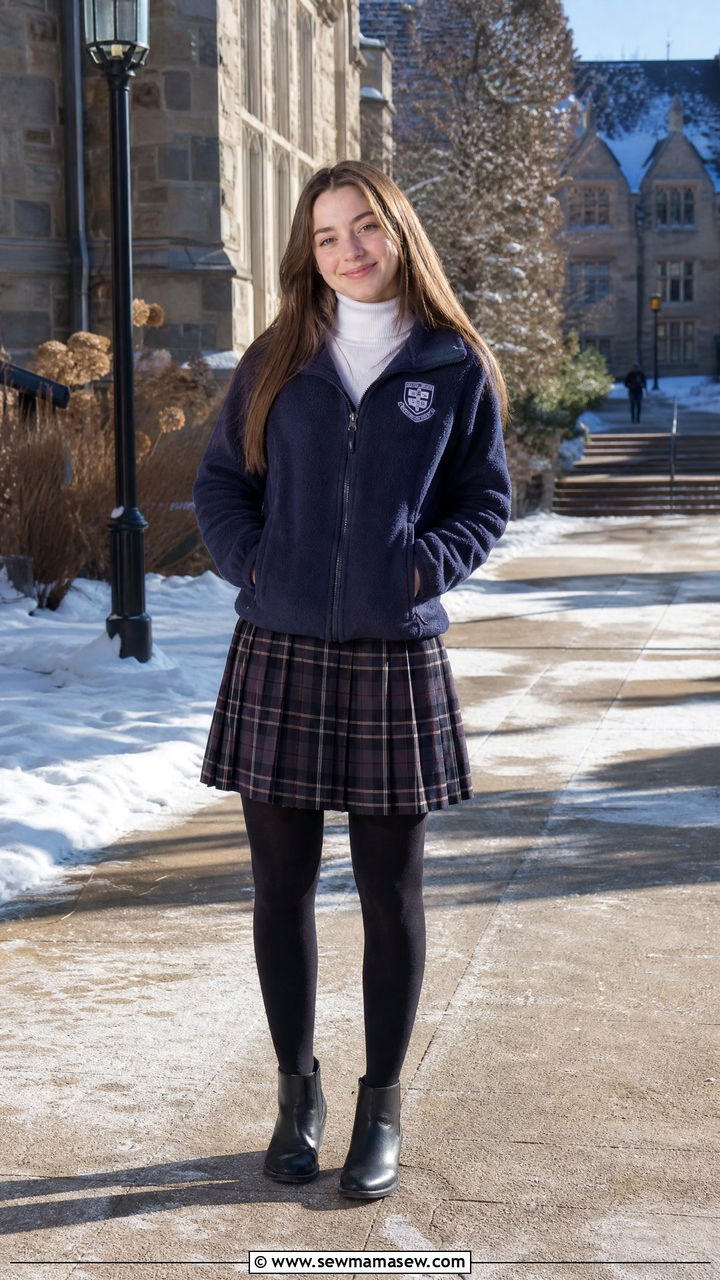 Fleece jacket and uniform skirt with boots - 25 Catholic school outfit ideas teens