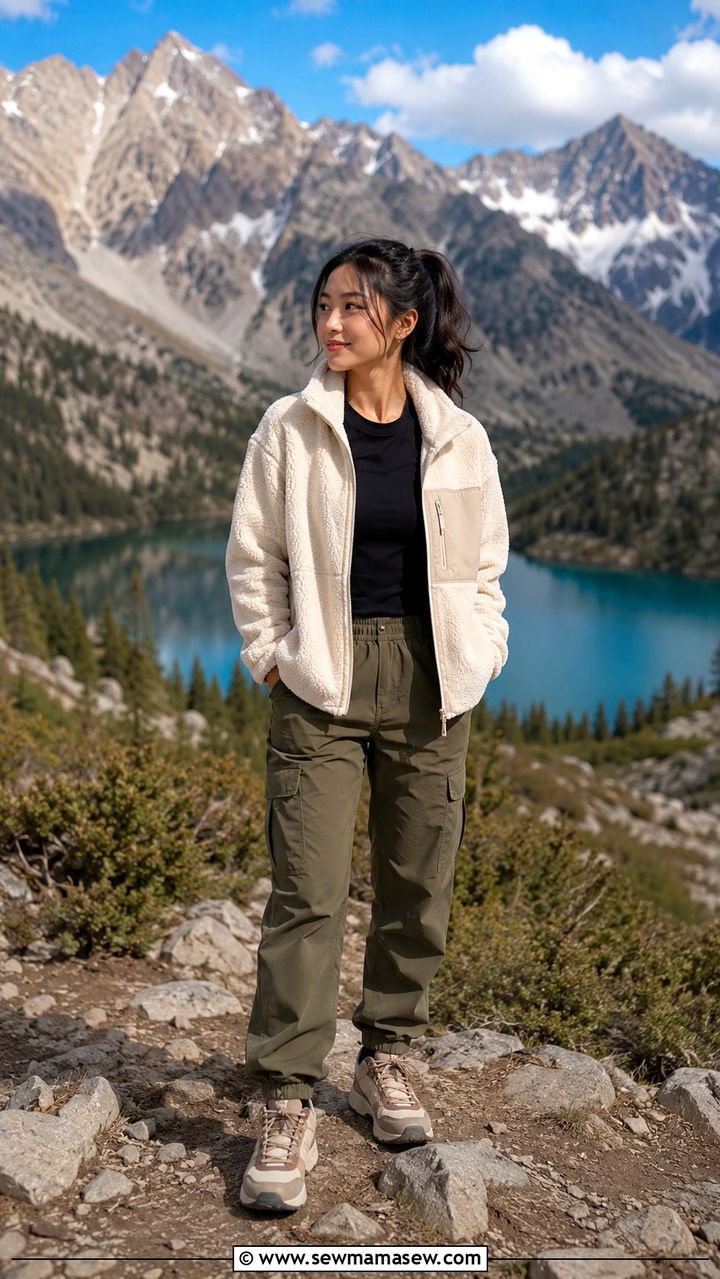 Fleece jacket with thermal tee and cargo pants - 30 Travel outfit ideas petite women