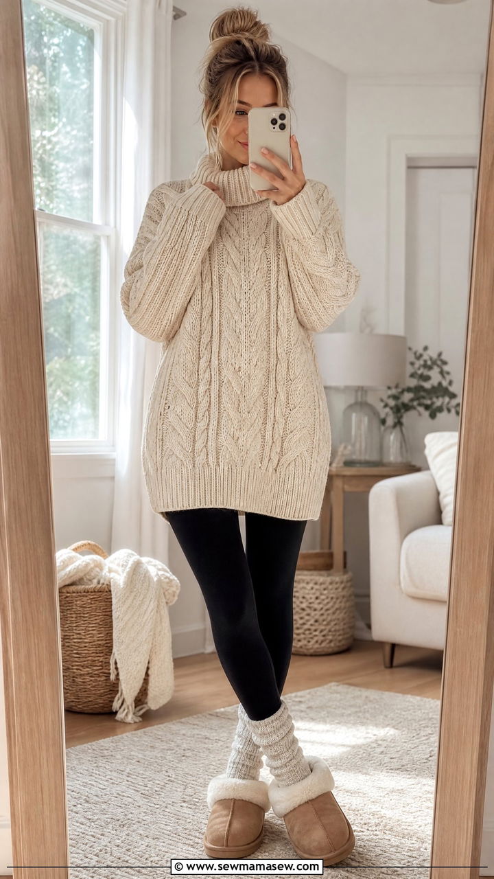Fleece lined leggings and tunic sweater outfit - 35 Loungewear outfit ideas for work from home