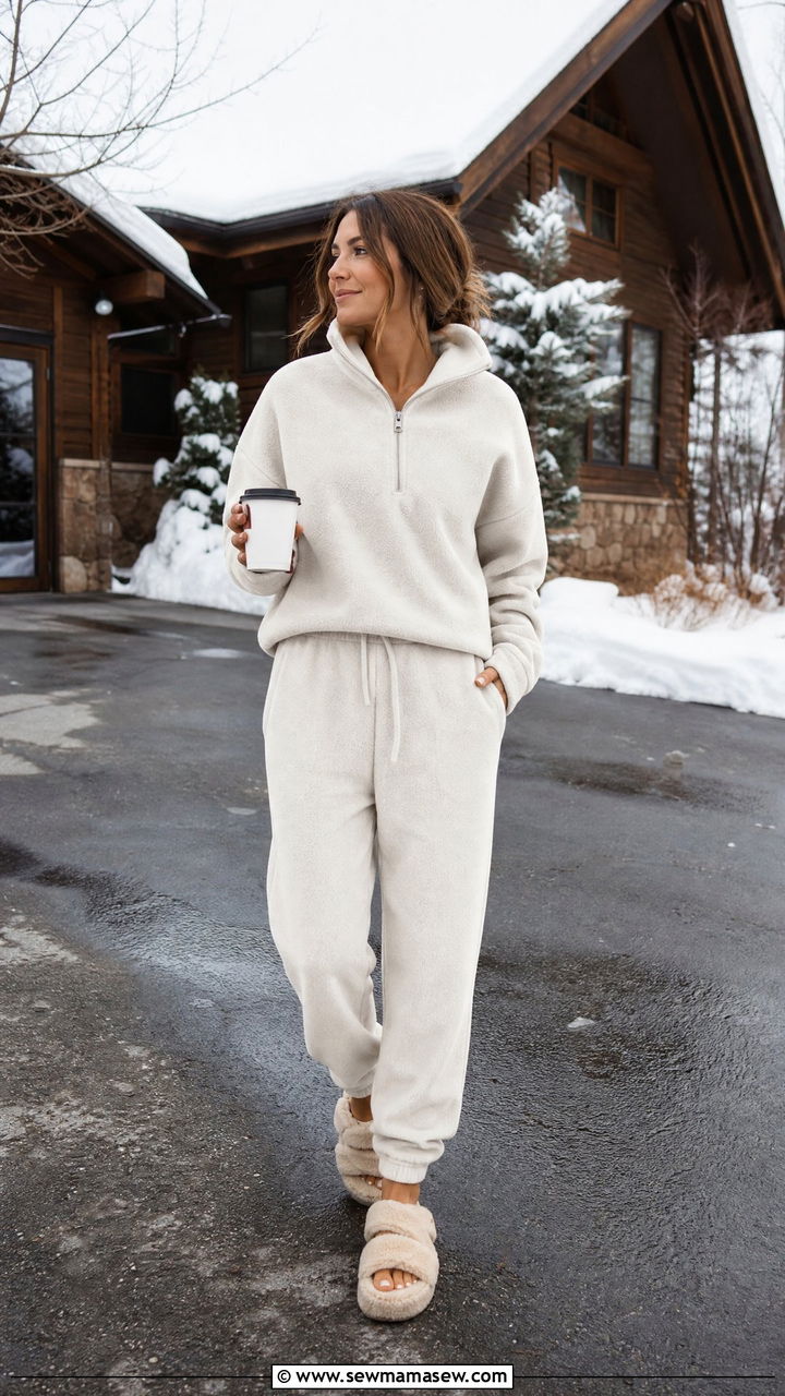 Fleece pullover and joggers with slides - 30 Cozy loungewear outfit ideas