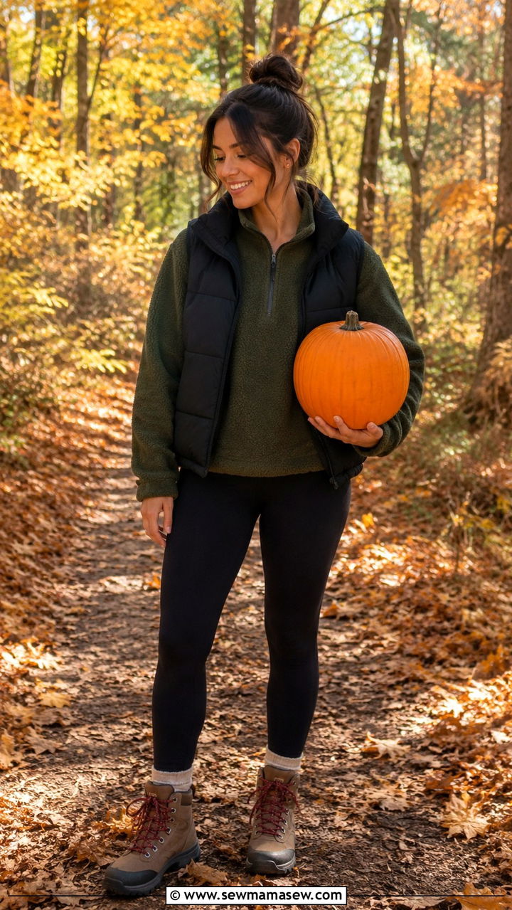 Fleece pullover with a puffer vest and leggings - 30 Pumpkin carving party outfit ideas