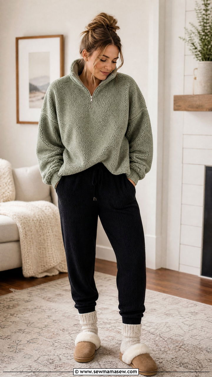 Fleece pullover with high waisted knit joggers - 35 Hygge loungewear outfit ideas