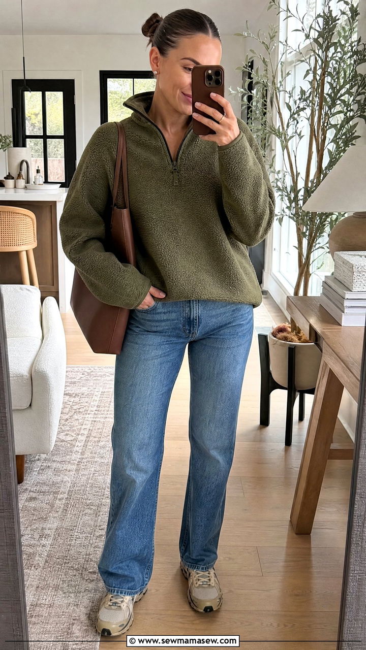 Fleece pullover with straight leg jeans outfit - 30 Cozy spring outfit ideas 2026
