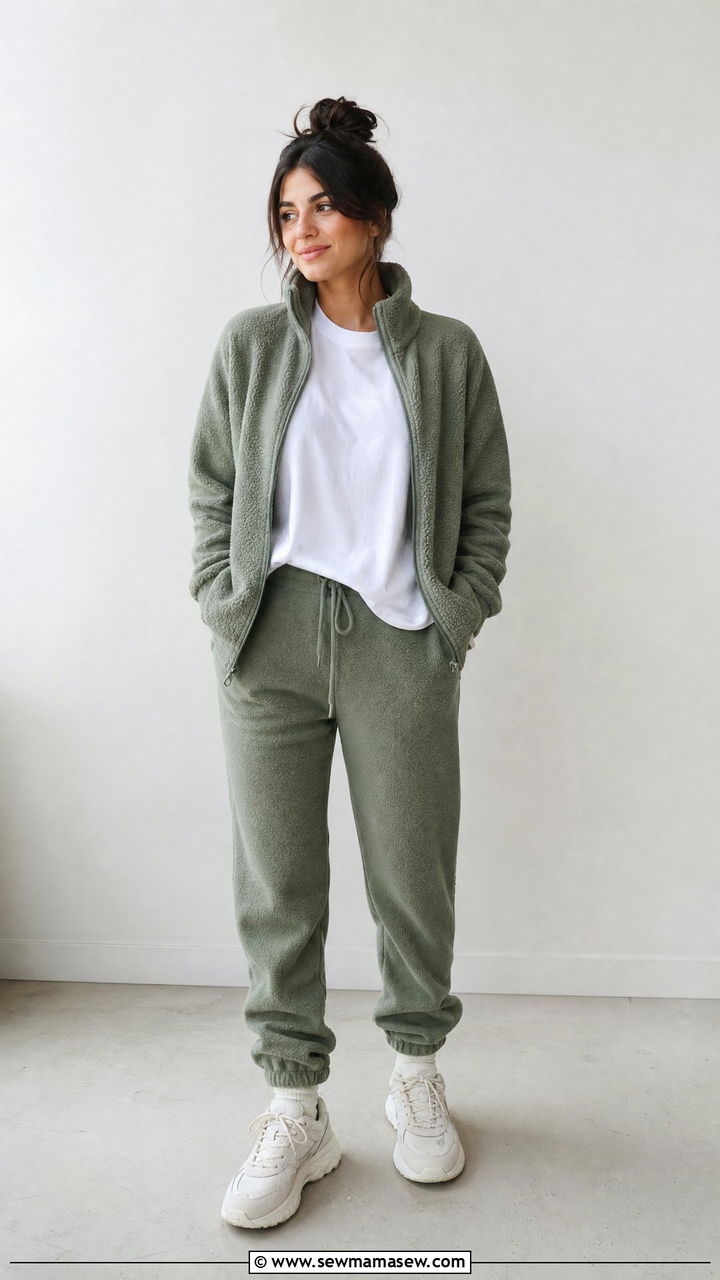 Fleece zip up jacket with matching joggers and chunky sneakers - 30 First cold day outfits