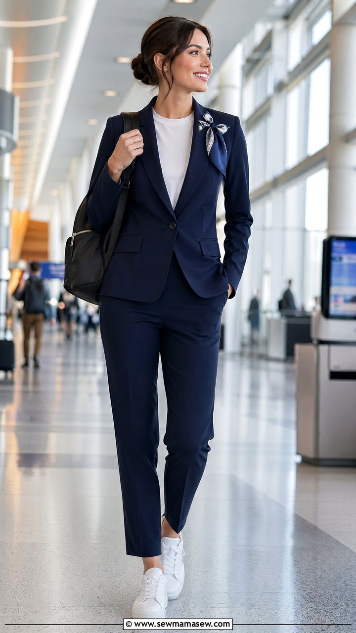 Flight Attendant Pantsuit With White Sneakers - 35 Flight attendant outfit ideas