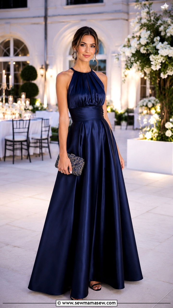 Floor Length A Line Gown with Embellished Clutch - 25 Wedding guest outfit ideas A line dress