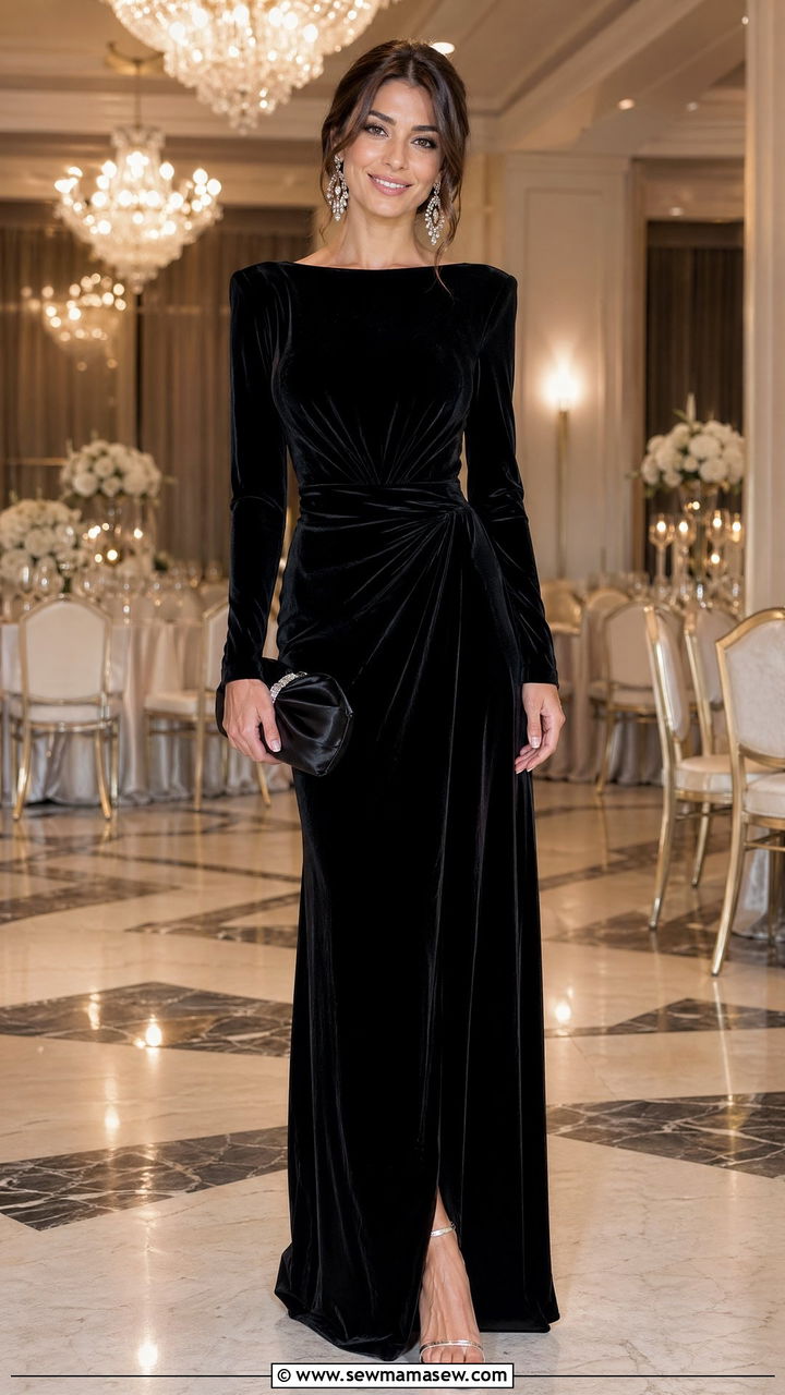 Floor Length Black Velvet Gown with Crystal Jewelry - 35 Evening wedding guest outfits