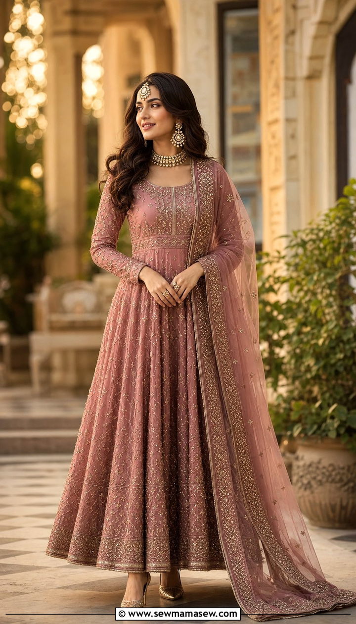 Floor length anarkali with statement jewelry - 25 Eid al Adha outfit ideas 2026