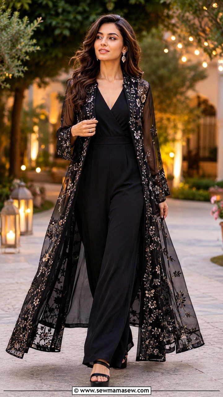 Floor length duster coat with jumpsuit and platform sandals - 25 Opera aesthetic outfit ideas 2026