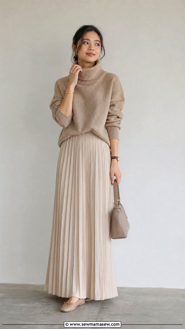 Floor length pleated skirt with a chunky turtleneck and round toe flats - 25 Petite outfit ideas to avoid