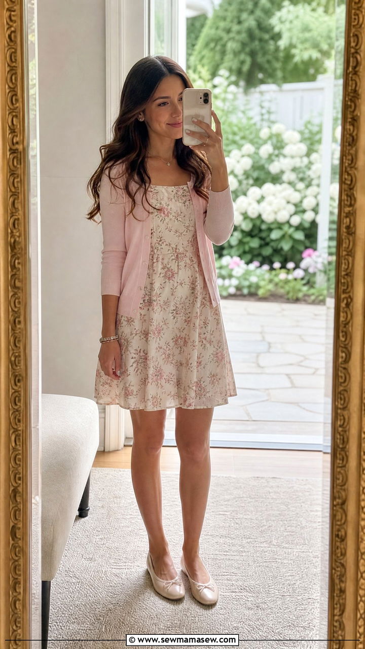 Floral A Line Dress With Ballet Flats - 25 Kid outfit ideas for school picture day