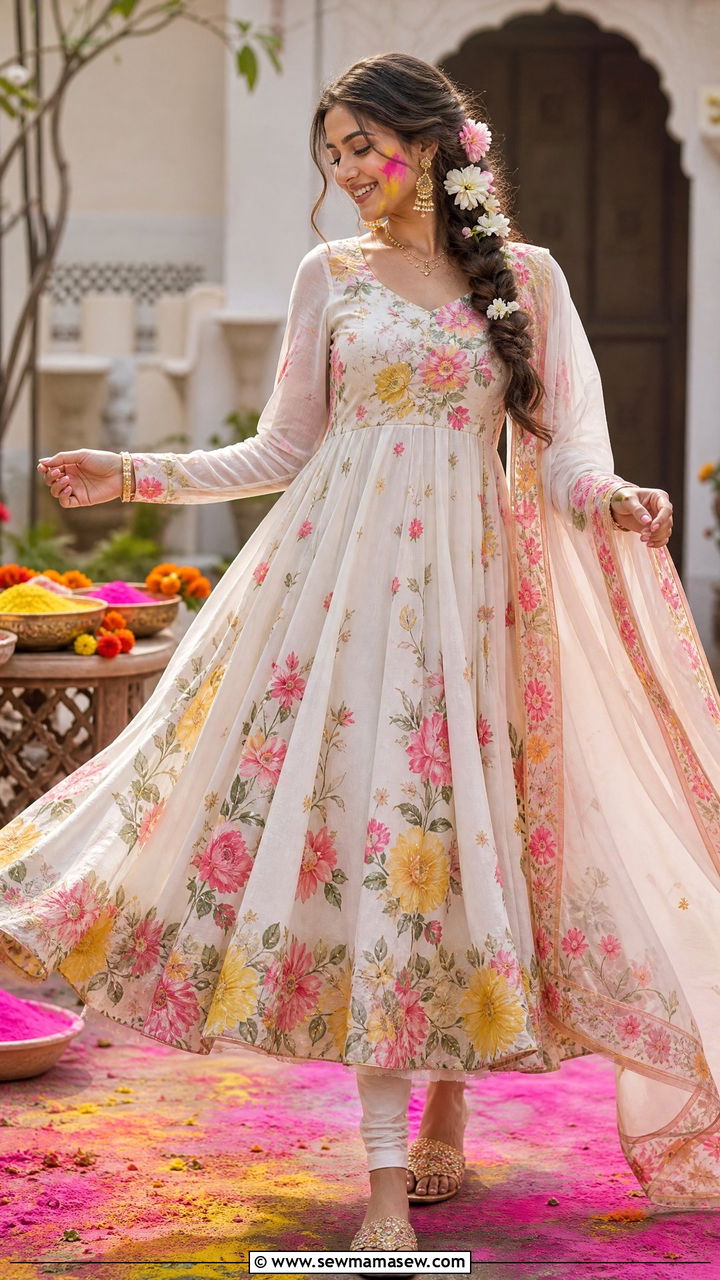 Floral Anarkali Suit Holi Outfit - 25 Holi outfit ideas