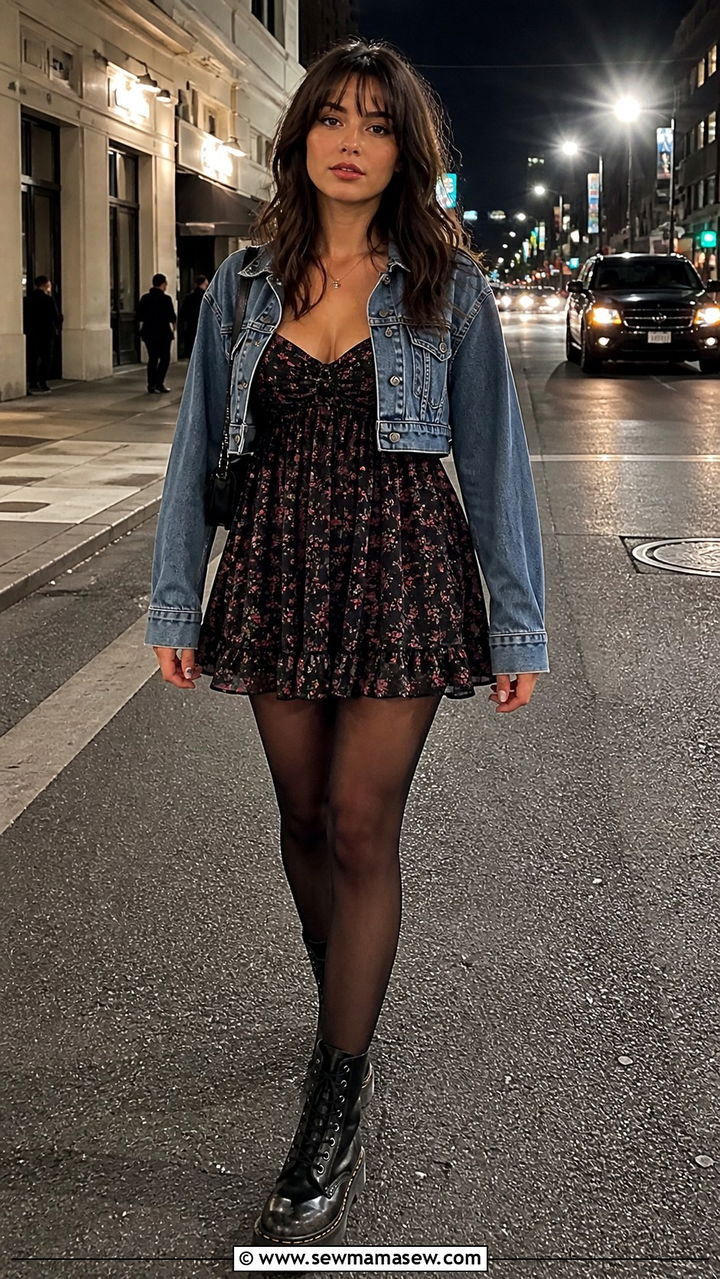 Floral Baby Doll Dress Combat Boots Cropped Denim Jacket - 40 Grunge outfit ideas