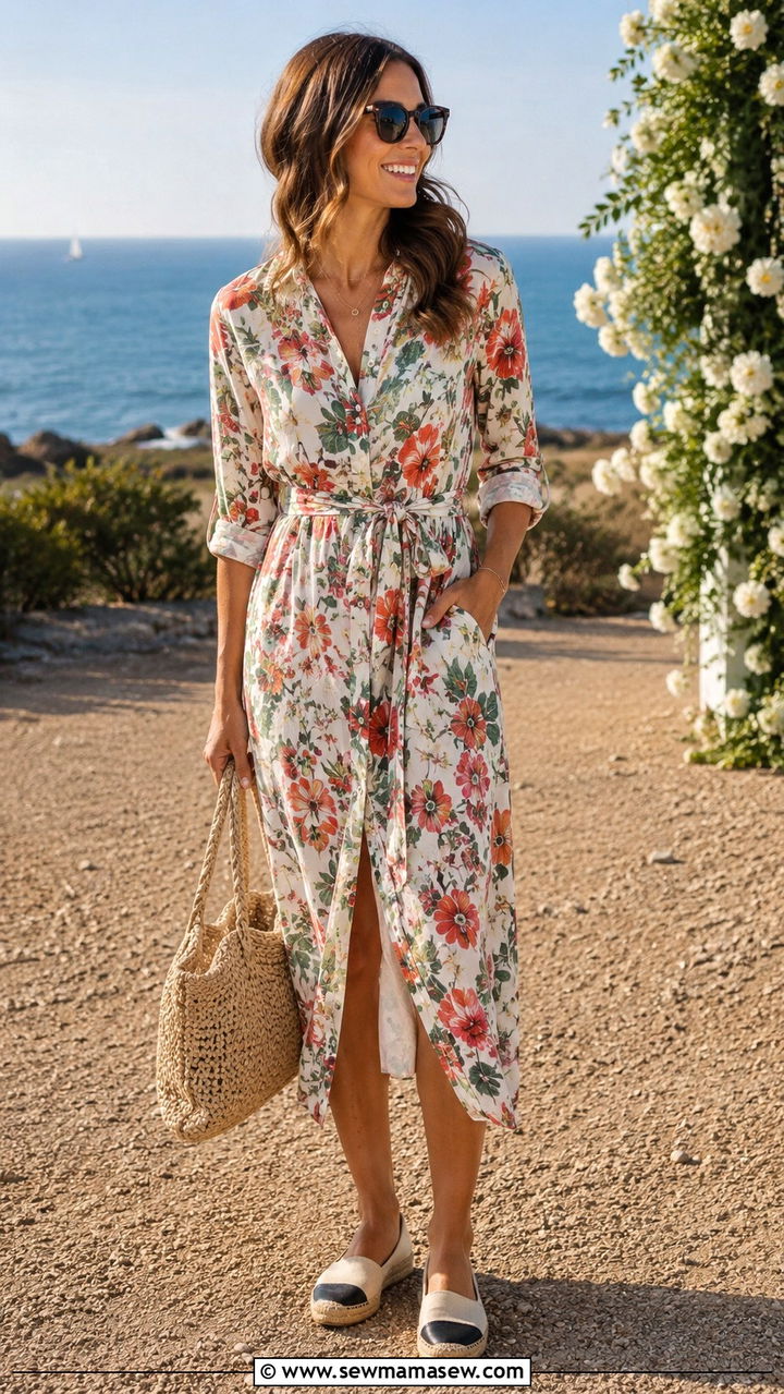 Floral Belted Shirt Dress With Espadrilles - 25 Wedding guest outfit ideas floral dress 2026