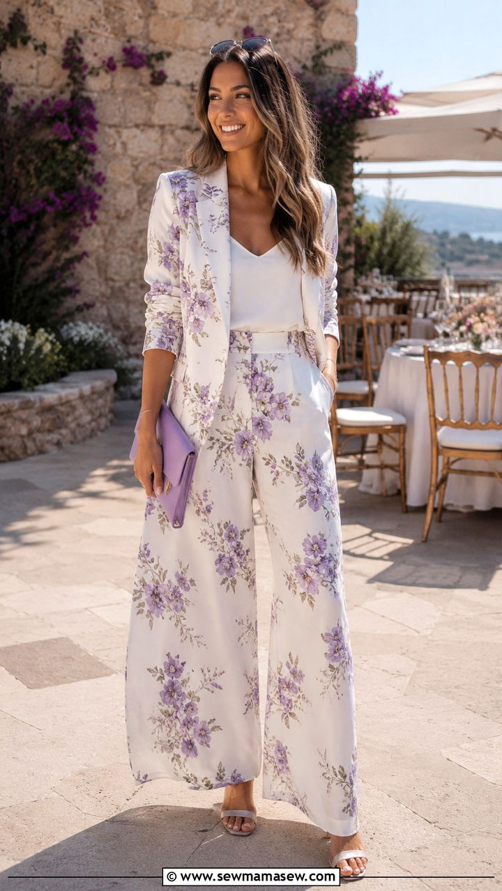 Floral Blazer And Wide Leg Pants Set - 25 Wedding guest two piece set outfit ideas