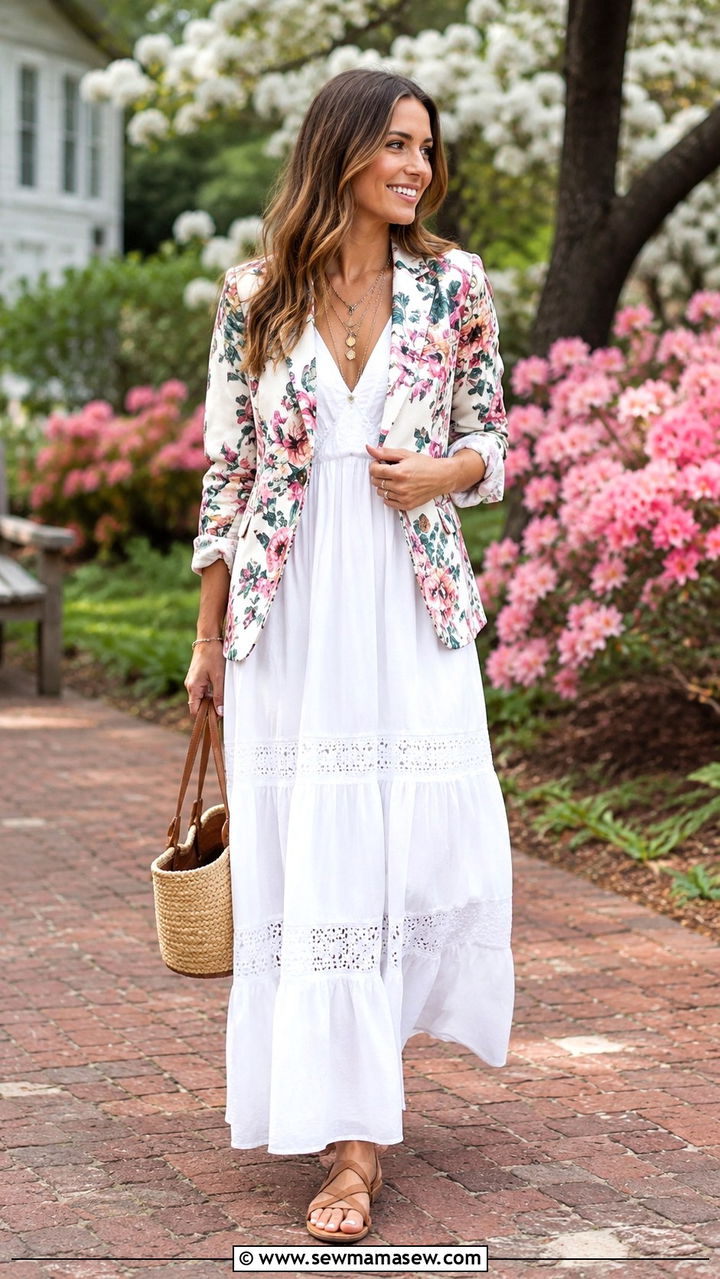 Floral Blazer with Maxi Dress and Flat Sandals Outfit - 30 transitional blazer outfit ideas