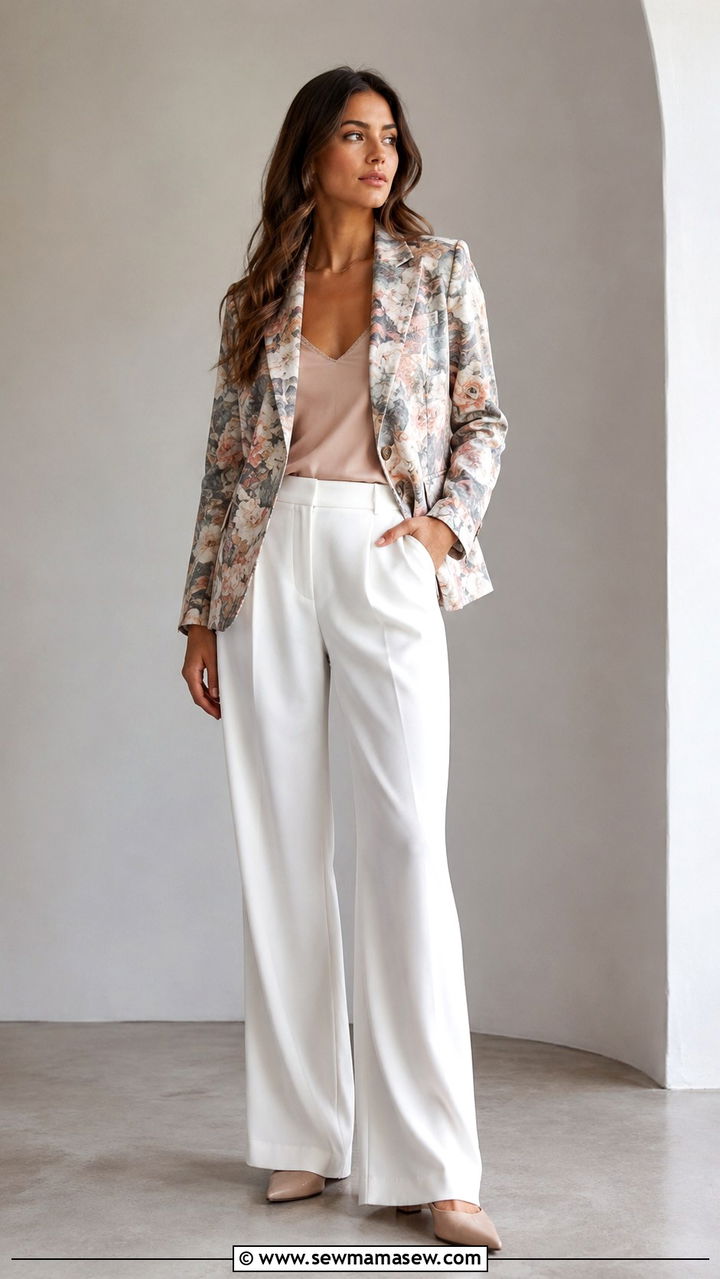 Floral Blazer with White Fluid Trousers Outfit - 25 Professional outfits for women 2026