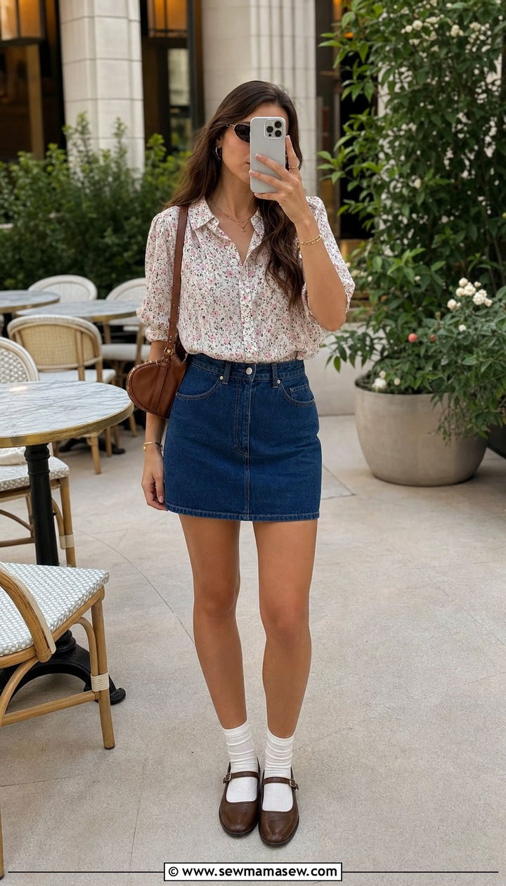 Floral Blouse And Denim Mini Skirt With Brown Mary Janes - 25 Summer outfits with mary janes