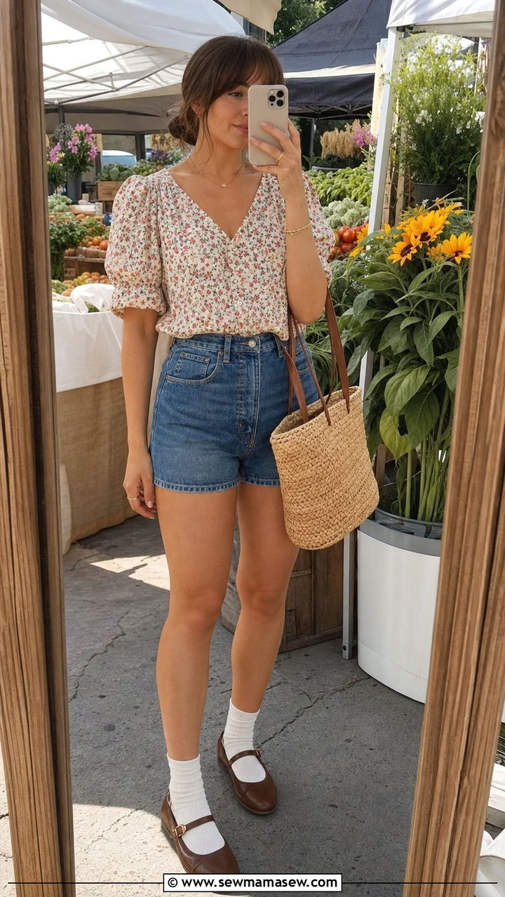 Floral Blouse And Denim Shorts With Brown Mary Janes - 25 Summer outfits with mary janes
