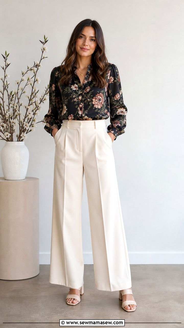 Floral Blouse With Cream Wide Leg Trousers And Wedges - 40 casual work outfits