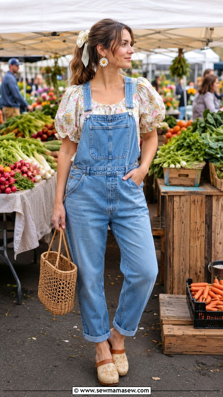Floral Blouse With Denim Overalls And Clogs - 30 casual fairycore outfits