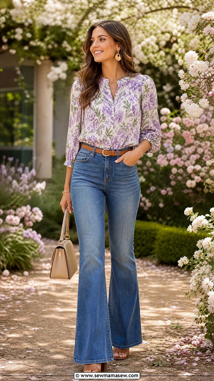 Floral Blouse With Flare Jeans Outfit - 30 Summer outfits with flare jeans