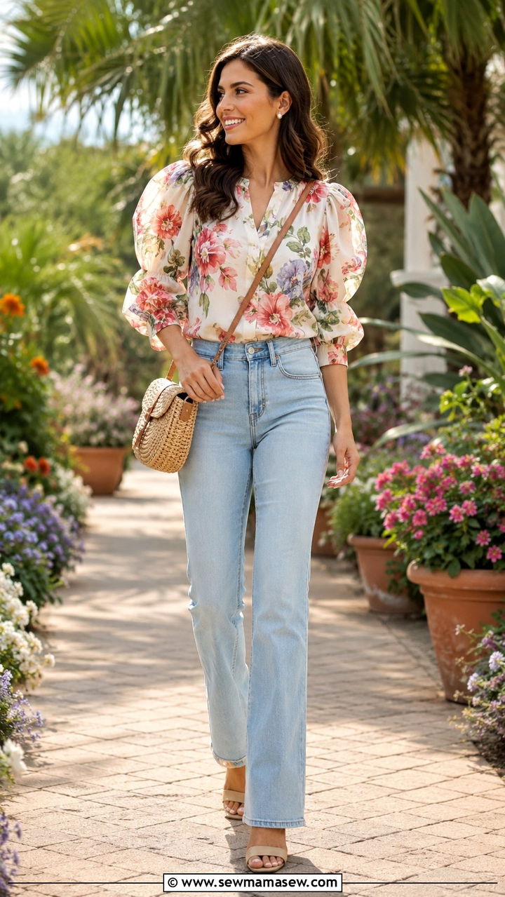 Floral Blouse With Light Wash Bootcut Jeans And Block Heel Sandals - 25 Bootcut jeans outfit ideas with heels