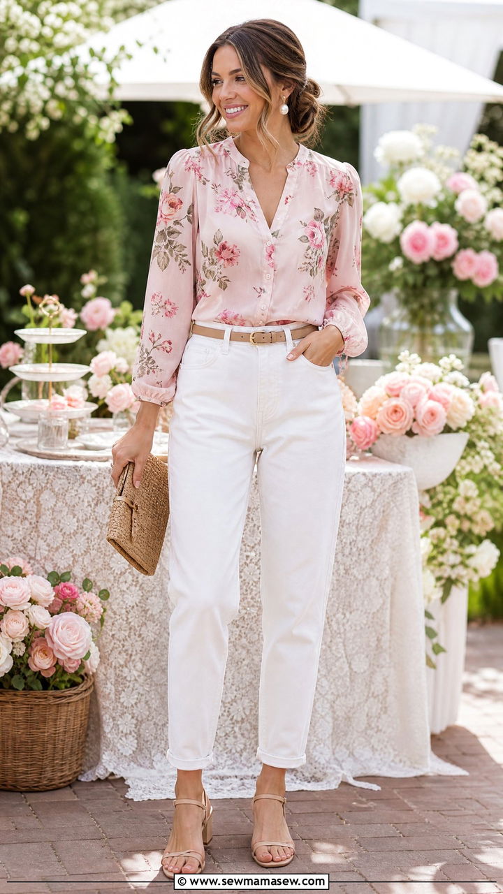 Floral Blouse With Mom Jeans And Heeled Sandals - 25 Spring outfits with mom jeans