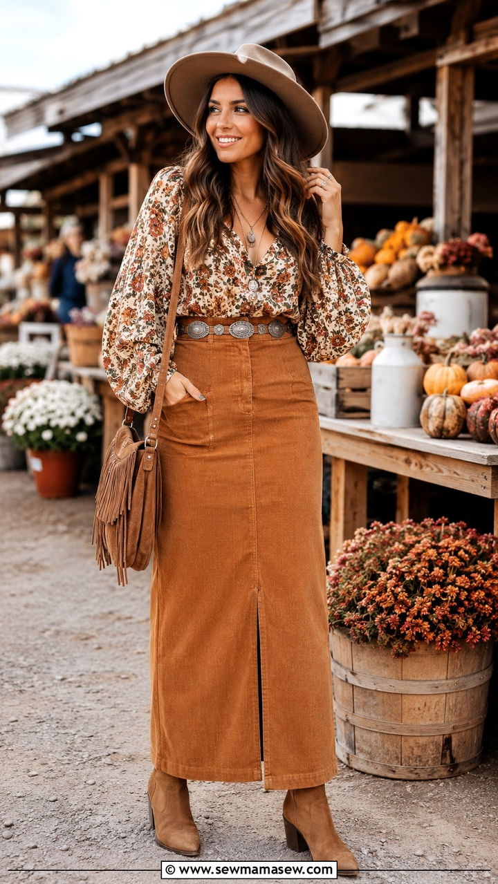 Floral Blouse and Corduroy Maxi Skirt With Concho Belt - 25 Boho outfit ideas with concho belt