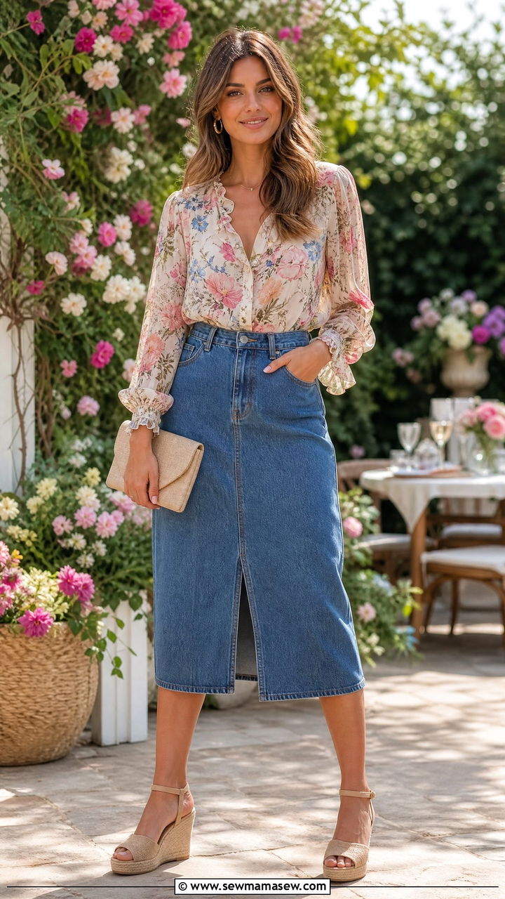 Floral Blouse and Denim Midi Skirt With Espadrilles - 30 Denim skirt outfit ideas for summer