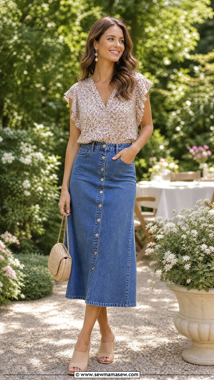 Floral Blouse and Denim Midi Skirt with Mules - 30 summer denim skirt outfit ideas