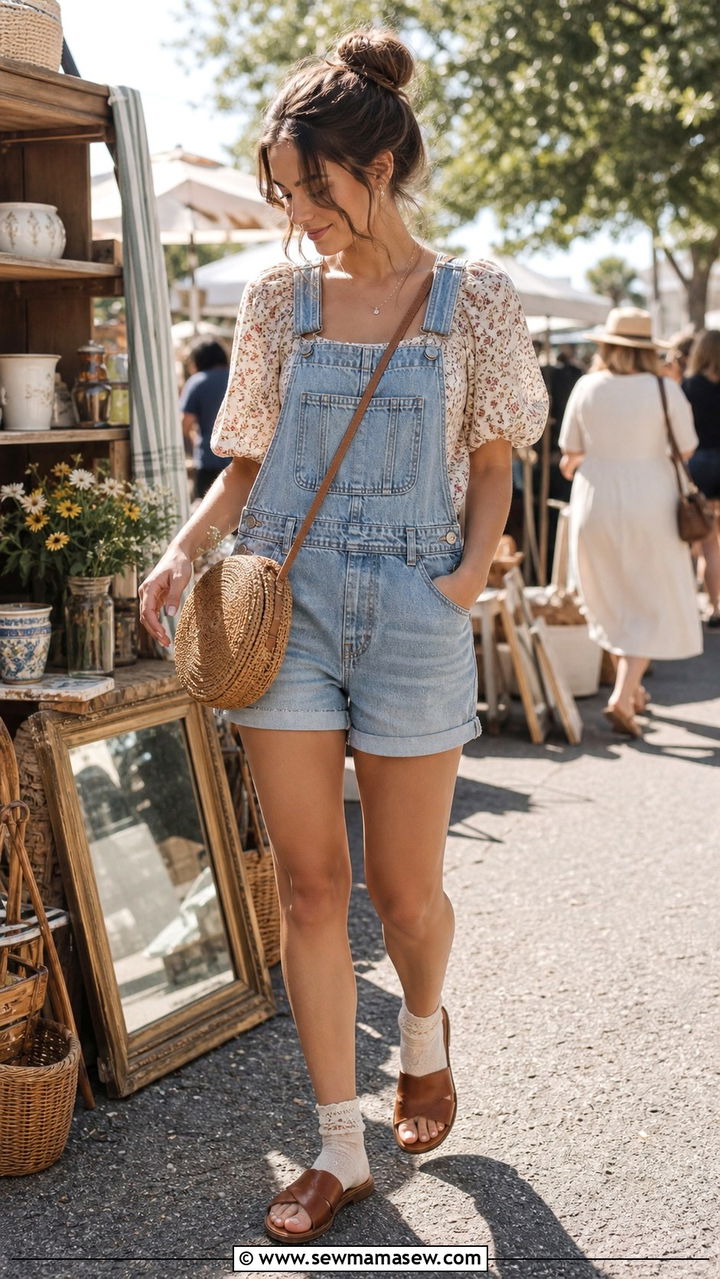 Floral Blouse and Denim Overalls - 40 summer cottagecore outfits