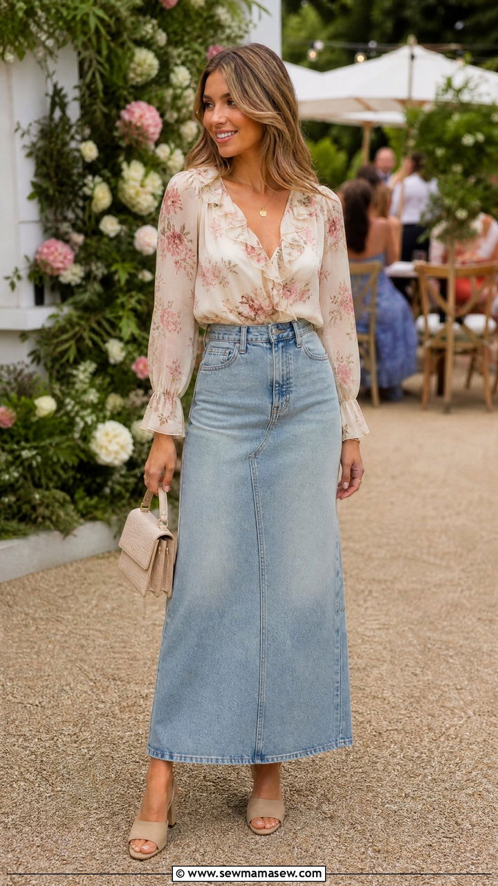 Floral Blouse and Heeled Mules With a Light Wash Denim Maxi Skirt - 30 denim maxi skirt outfit ideas