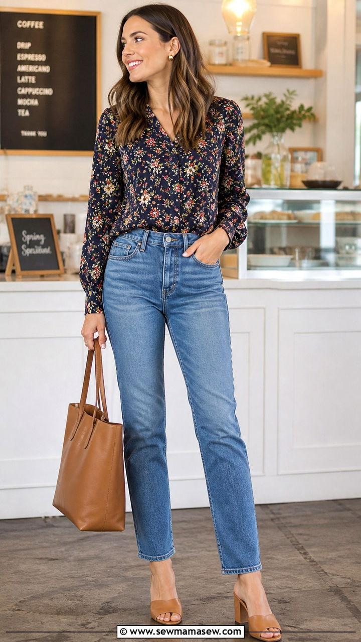 Floral Blouse and Jeans Spring Outfit - 40 Chic spring outfits
